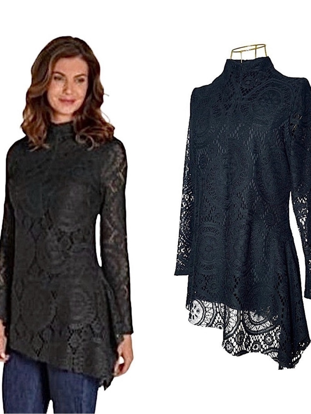 Soft Surroundings Black Lace High-Neck Tunic, Small
